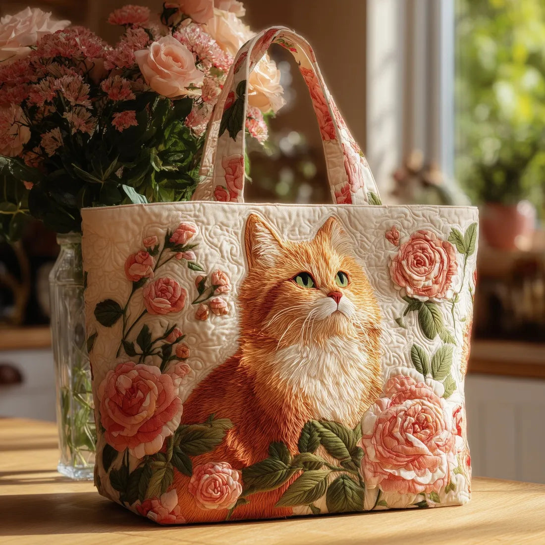 Quilted Tote Bag – Ginger Cat & Roses