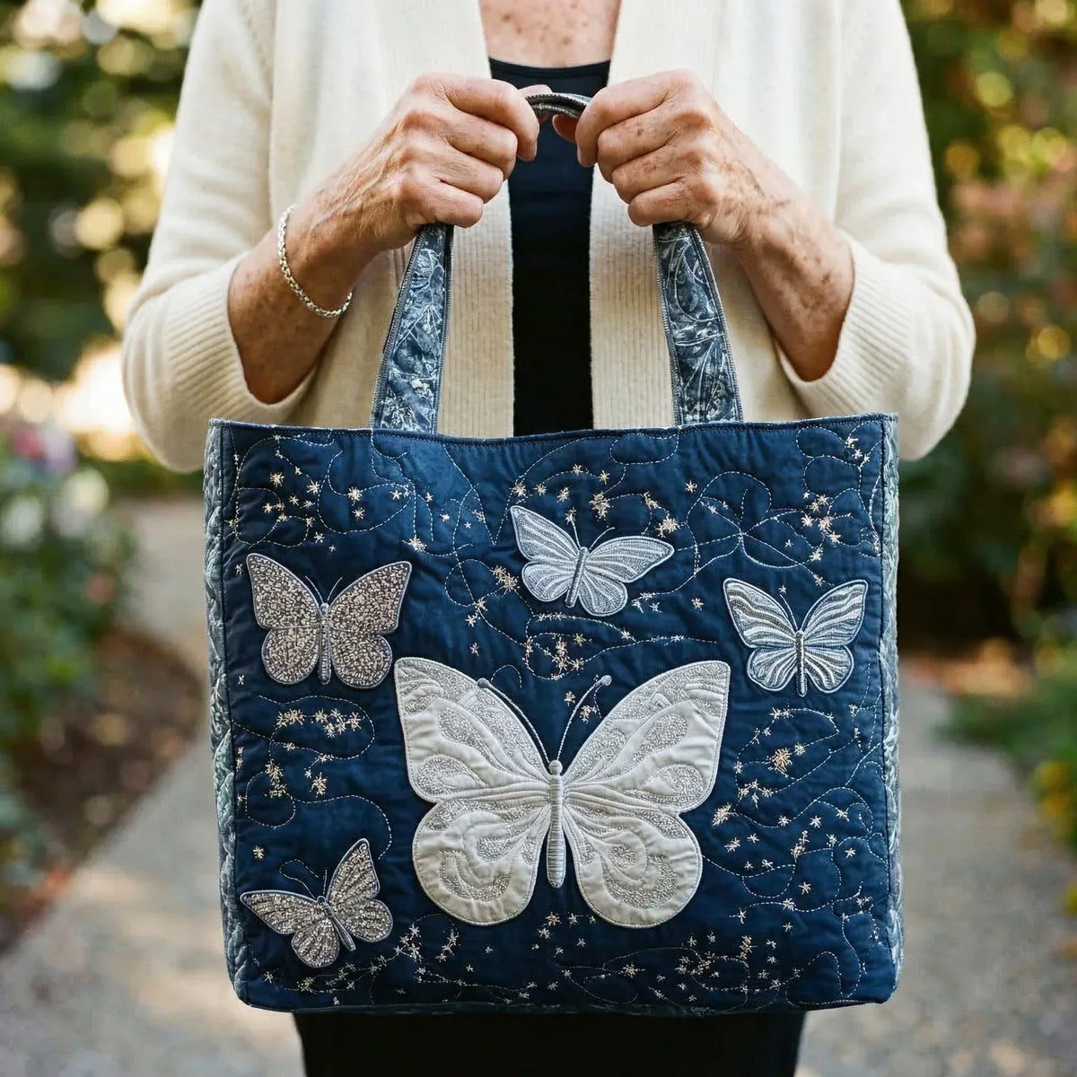 Quilted Tote Bag – Silver Butterfly