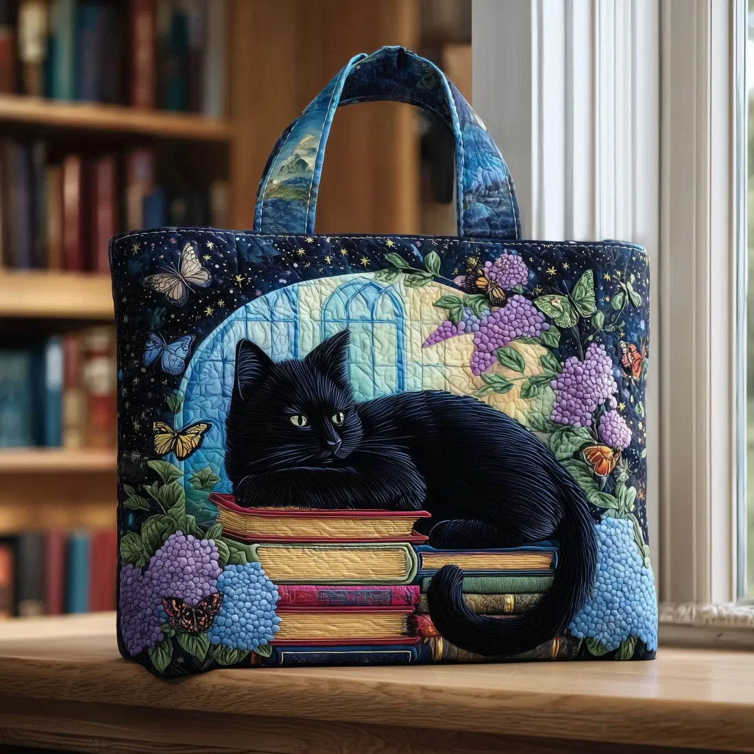 Quilted Tote Bag – Black Cat & Books
