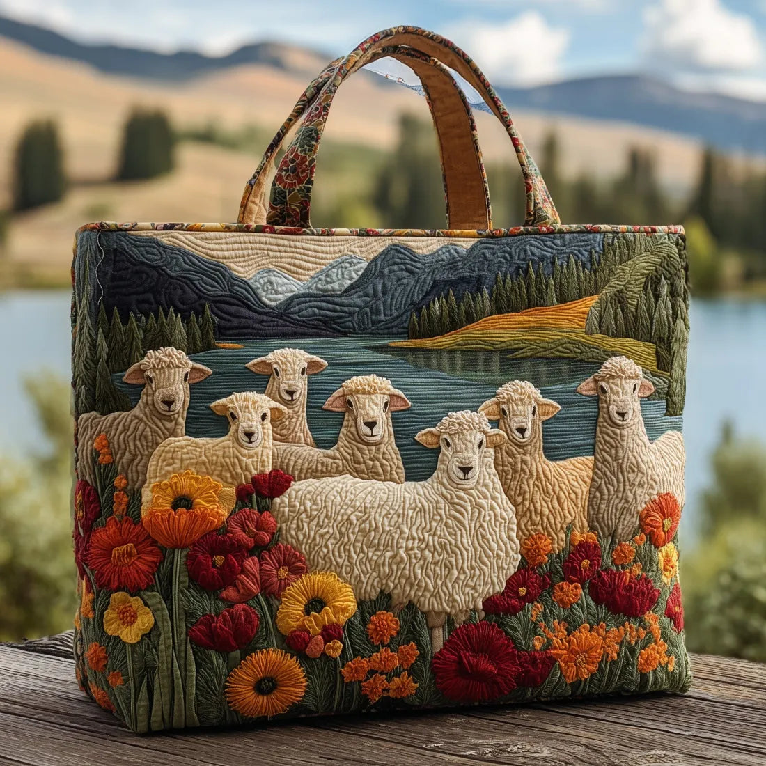 Quilted Tote Bag – Sheep by the Lake
