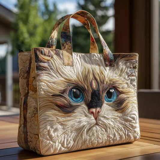 Quilted Tote Bag – White Cat with Blue Eyes