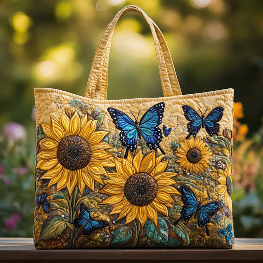 Quilted Tote Bag – Sunflowers & Blue Butterflies