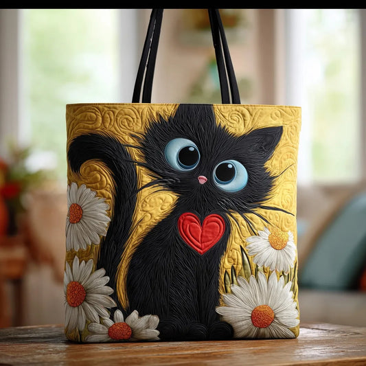 Quilted Tote Bag – Black Cat & Daisies