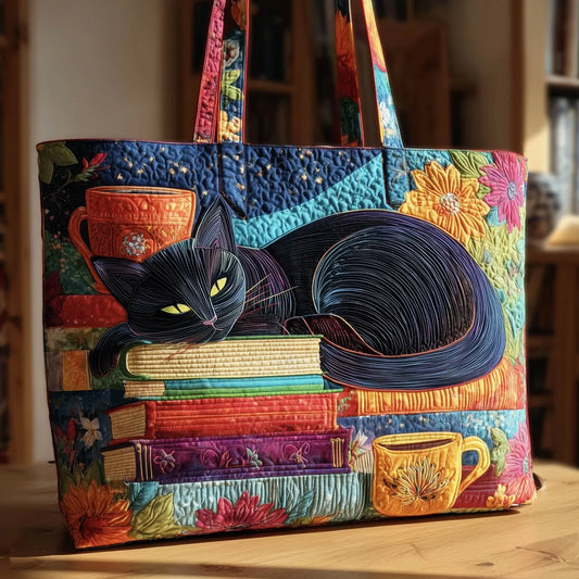 Quilted Tote Bag – Black Cat, Books & Coffee