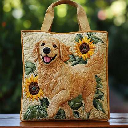 Quilted Tote Bag – Golden Retriever & Sunflowers