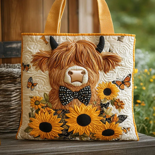 Quilted Tote Bag – Highland Cow & Sunflowers