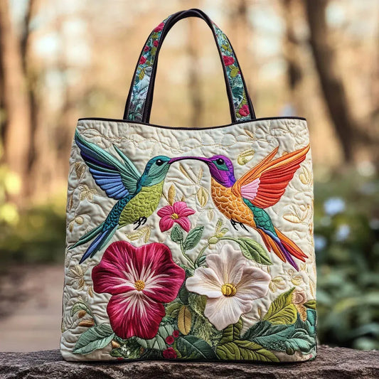 Quilted Tote Bag – Hummingbird & White Blossoms